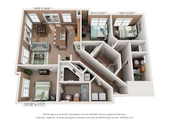 3 Bed C2 Floor Plan at The Foundry, South Bend, IN 46617