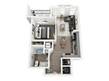 Lacewing 1-bedroom, 1-bathroom apartment at Nook Nine in Indianapolis, IN, offering a compact yet stylish design, featuring a modern kitchen with tile backsplash, private balcony, walk-in closet, and in-unit washer/dryer, ideal for cozy city living near Keystone at the Crossing.