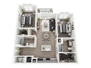 Burlap 2-bedroom, 2-bathroom apartment at Nook Nine in Indianapolis, IN, featuring a spacious living area with wood-style flooring, a chef-inspired kitchen with a central island, private balcony, walk-in closets, and dual ensuite bathrooms, perfect for upscale living near Keystone at the Crossing.