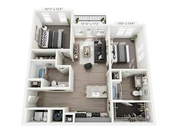 Calypso 2-bedroom, 2-bathroom apartment at Nook Nine in Indianapolis, IN 46240, designed with a modern open-concept floor plan, stylish kitchen with stainless steel appliances, private balcony, spacious walk-in closets, and dual ensuite bathrooms, offering premier comfort near Keystone at the Crossing.