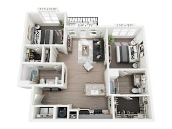 Moss 2-bedroom, 2-bathroom apartment at Nook Nine in Indianapolis, IN, featuring a bright, airy living space, a sleek gourmet kitchen with custom cabinetry, private balcony, large walk-in closets, and spa-like ensuite bathrooms, offering luxurious city living near Keystone at the Crossing.