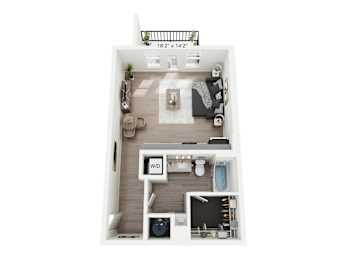 Inverness studio apartment at Nook Nine in Indianapolis, IN 46240, featuring a bright, open floor plan, modern kitchen with stainless steel appliances, private balcony, walk-in closet, and in-unit washer/dryer, offering stylish city living near Keystone at the Crossing.