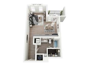 Agate studio apartment at Nook Nine in Indianapolis, IN, designed for efficient urban living with a sleek kitchen, private balcony, spacious closet, and in-unit washer/dryer, all within a vibrant community near Keystone at the Crossing.