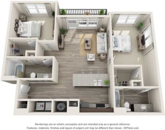 2 bedroom 2 bathroom Sandstone Floorplan Image at Whetstone Flats, Tennessee, 1185 Sq. Ft.