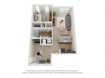 a stylized floor plan with a bedroom and a bathroom at 310 at Nulu Apartments-Student, Louisville, KY