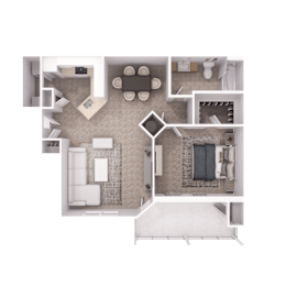 Modern 1-bedroom, 1-bathroom apartment floor plan with private balcony at Village at Almand Creek – 976 sq. ft.
