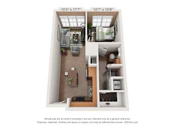 1 Bedroom A1 Floor Plan at The Foundry, South Bend, 46617