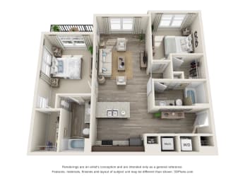 2 bedroom 2 bathroom Obsidian Floorplan Image at Whetstone Flats, Nashville, 1125 Sq. Ft.