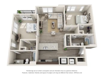 2 bedroom 2 bathroom Travertine Floorplan Image at Whetstone Flats, Tennessee, 37211, 1235 Sq. Ft.