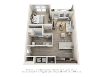 a stylized floor plan of a 1 bedroom192 sq ft