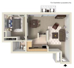 A 3D floor plan of a small apartment with a bedroom, living room, and kitchen.