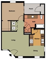 A floor plan of a house with a bedroom, living room, kitchen, dining room, bathroom, and a porch.