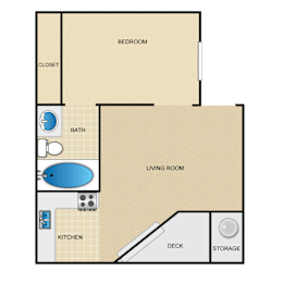 A floor plan of a small apartment with a bedroom, living room, kitchen, and bathroom.