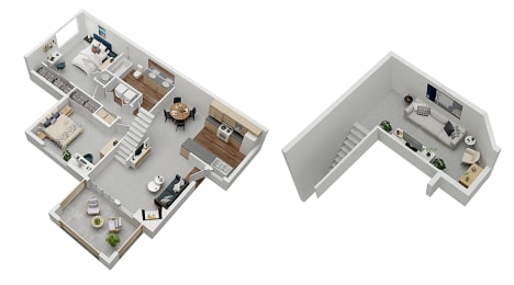 2 Bedroom 1 Bath upstairs with loft floorplan at Devonwood and First Place Apartments, Battle Ground, WA 98604