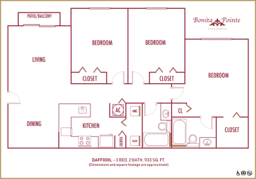 Three bedroom floor plan  at Bonita Pointe, Florida, 33034