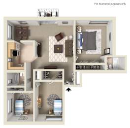 A 3D floor plan of a small apartment with a kitchen, living room, and bedroom.