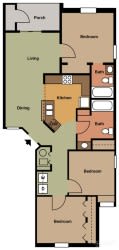 A floor plan of a house with a living room, dining room, kitchen, and two bedrooms.