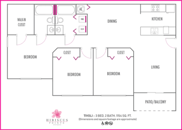 Three bedroom floor plan at Hibiscus Pointe, Miami, FL 33147