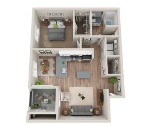 a 3d floor plan of a studio apartment with a bedroom and living room at BASE APARTMENT HOMES, LAS VEGAS