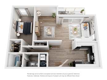 A floor plan of a two-bedroom apartment with a living room, kitchen, and bathroom.