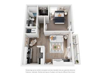 A floor plan of a small apartment with a living room, kitchen, and bathroom.
