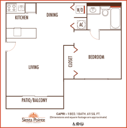 Siesta Pointe 1 bedroom 1 bath 2D floor plan at Siesta Pointe, Hialeah, 33015