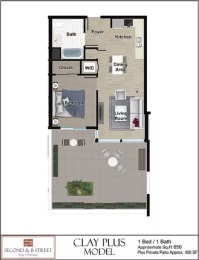Clay plus 1 bedroom 1 bath floorplan with additional 400 square foot private balcony at Second & B Street, San Rafael, 94901