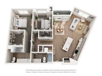A floor plan of a small apartment with a kitchen, living room, and two bedrooms.