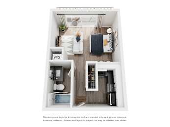 A top-down view of a small apartment with a kitchen, living room, and bathroom.