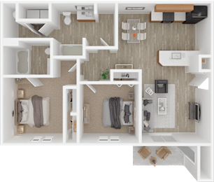 A top-down view of a small apartment with a kitchen, living room, and bedroom.