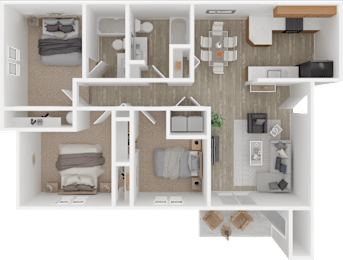 A 3D floor plan of a house showing two bedrooms, a living room, a kitchen, and a bathroom.