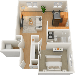 A 3D floor plan of a small apartment with a kitchen, living room, and bedroom.