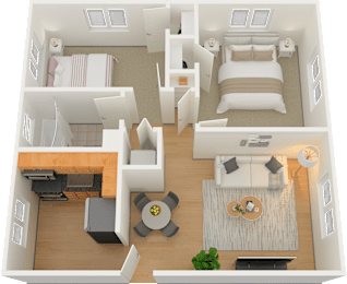 A 3D floor plan of a house showing a living room, kitchen, and two bedrooms.