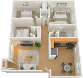 A 3D floor plan of a small apartment with two bedrooms, a living room, and a kitchen at Lake Washington Apartments, Seattle, WA