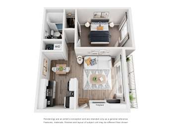 A top-down view of a small apartment with a kitchen, living room, and bedroom.