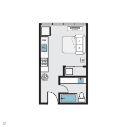 Studio 1 bath floor plan at THE MOD AT MIDTOWN Apartments, SACRAMENTO, 90028