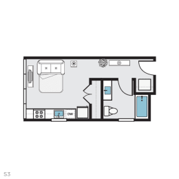 Studio 1 bath floor plan A at THE MOD AT MIDTOWN Apartments, SACRAMENTO,  California