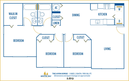 Three bedroom 2 bath floor plan at Bristol Bay, Tampa, Florida