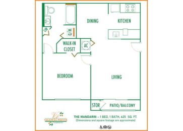 1 bedroom 1 bath 2D floor plan at Valencia Pointe, Florida