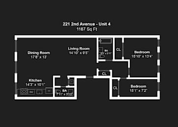 A black and white image of a floor plan for a 1187 square foot unit at 221 2nd Avenue.