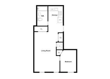 A floor plan of a house with a living room, bedroom, kitchen, and two closets.
