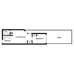 A floor plan of a home with a living room, bedroom, and patio.