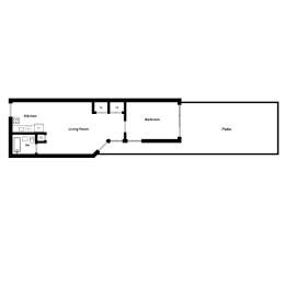 A floor plan of a house with a kitchen, living room, bedroom and patio.