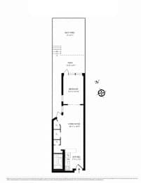 A floor plan of a building with a living room, dining room, kitchen, and bathrooms.