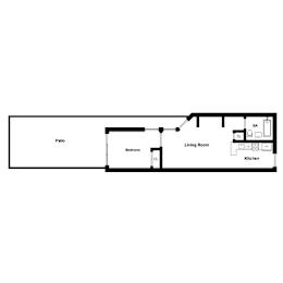 A floor plan of a house with a patio, living room, kitchen, and bedroom.