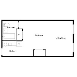 A floor plan of a small apartment with a kitchen, living room, and bedroom.