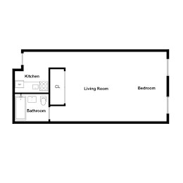 A floor plan of a small apartment with a kitchen, bathroom, living room, and bedroom.