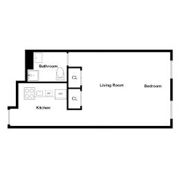 A floor plan of a house with a living room, bedroom, kitchen, and bathroom.