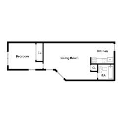A floor plan of a living space with a bedroom, a living room, and a kitchen.