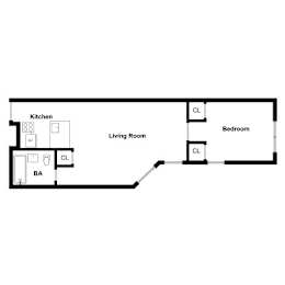 A floor plan of a small apartment with a kitchen, living room, and bedroom.